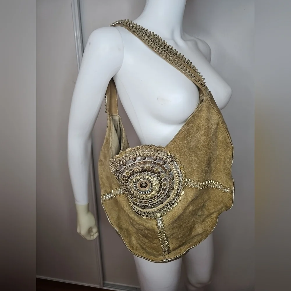 Vintage Chico’s Embellished Gold Leather Hobo Bag Unique Braid Handle